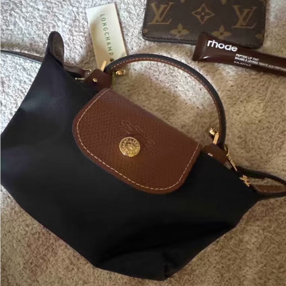 Longchamp Black Nylon Mini Top-Handle Bag with Brown Leather Trim - Picture 2 of 3
